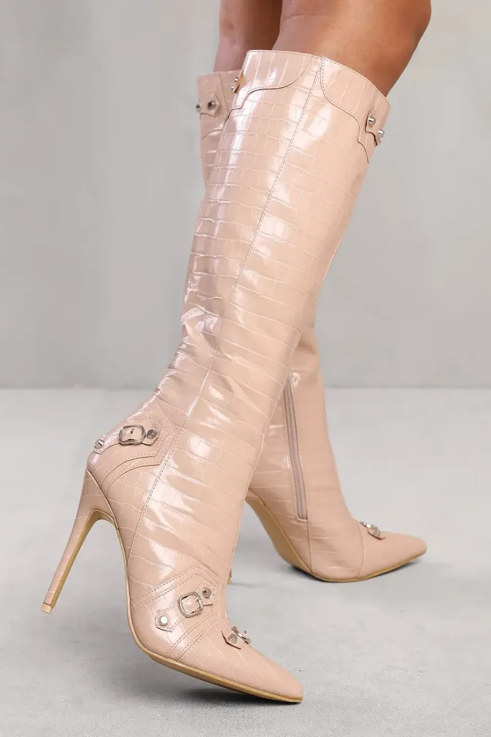 'Alessia' Below Knee High Heel Boot With Stud And Buckle Detail