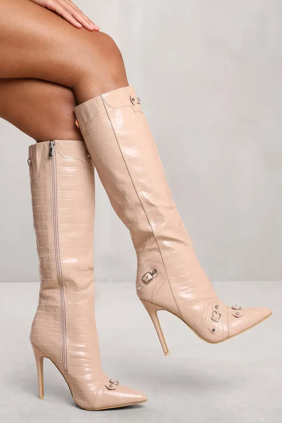 'Alessia' Below Knee High Heel Boot With Stud And Buckle Detail