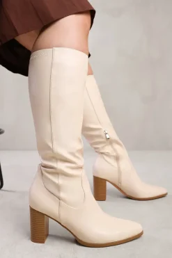 'Alpha' Stretch Wide Calf Block Heel Knee High Boots With Stitch Detail