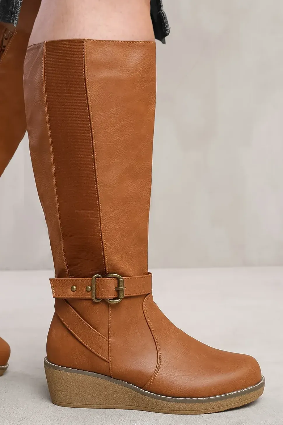 'Ayleen' Wide Calf Wedge Heel Knee High Boots With Elastic Panel