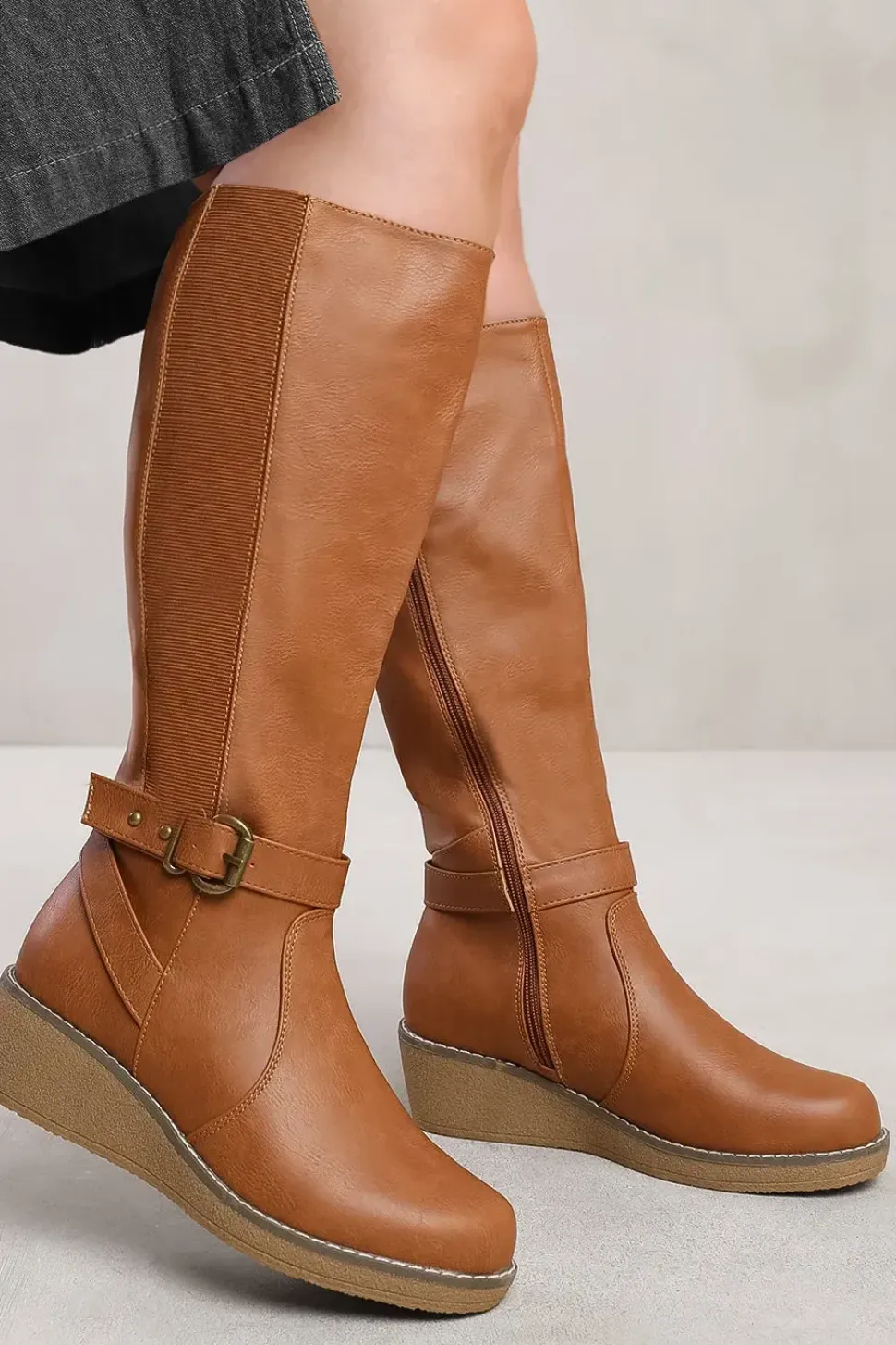 'Ayleen' Wide Calf Wedge Heel Knee High Boots With Elastic Panel