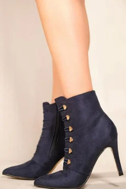 'Blythe' Pointed Toe Mid Heel Ankle Boots With Gold Buttons