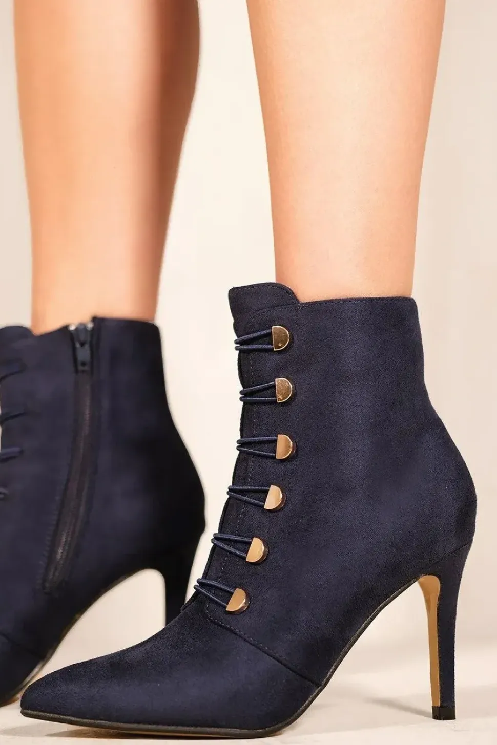 'Blythe' Pointed Toe Mid Heel Ankle Boots With Gold Buttons
