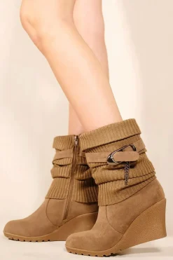'Bryony' Wedge Heel Slouchy Ankle Boots With Knitted Collar