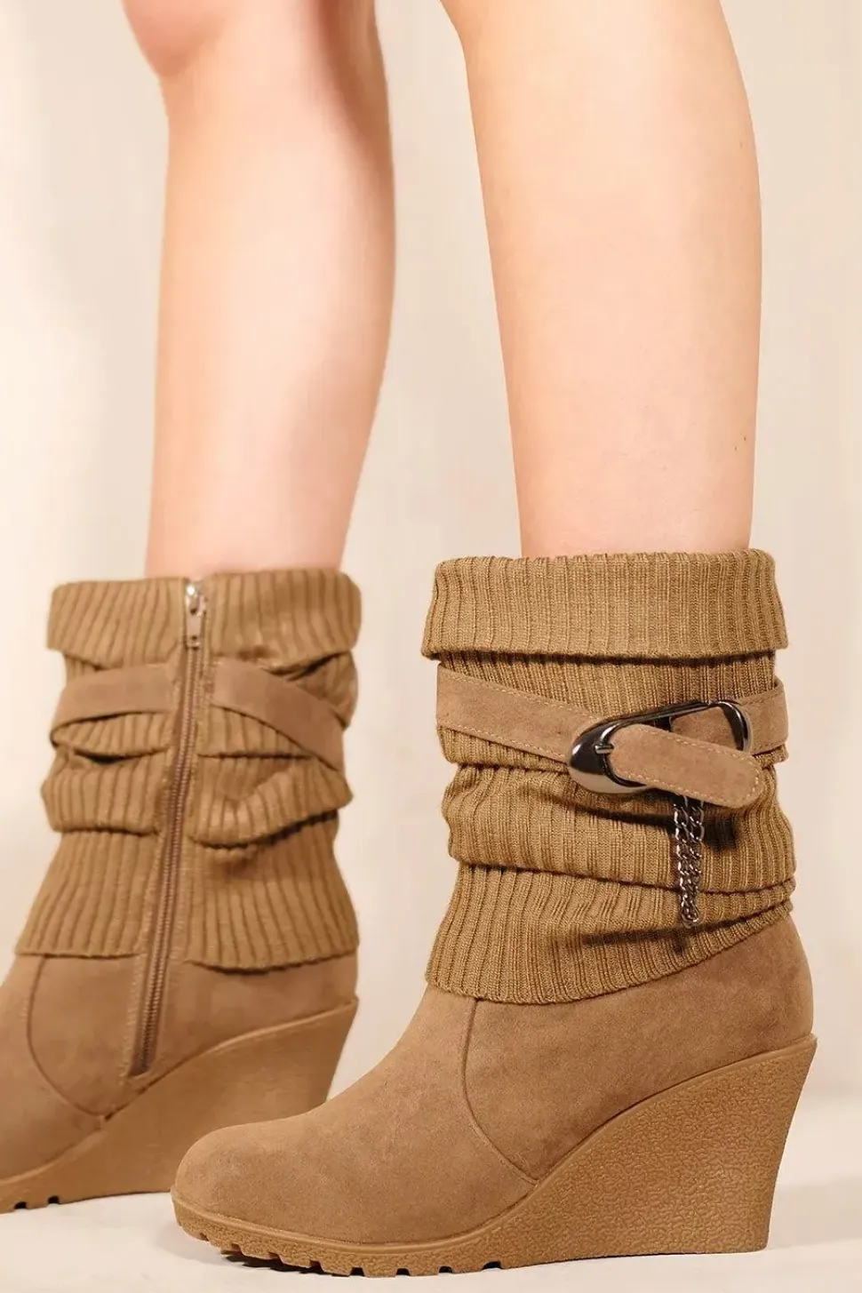 'Bryony' Wedge Heel Slouchy Ankle Boots With Knitted Collar
