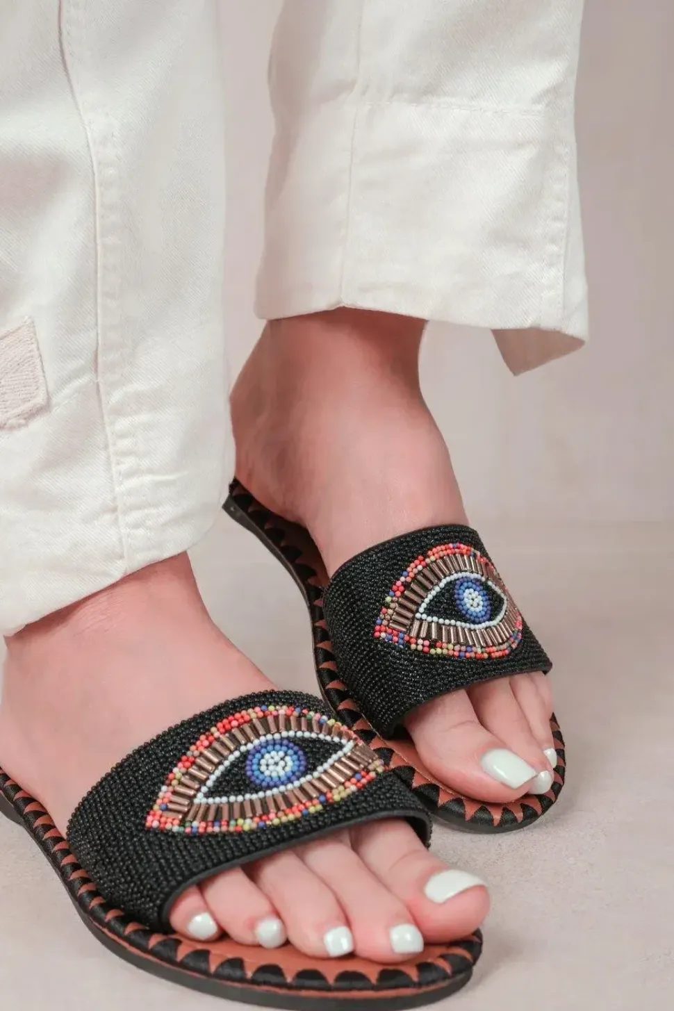 'Cleanse' Flat Sandals With Beaded Eye Detailing