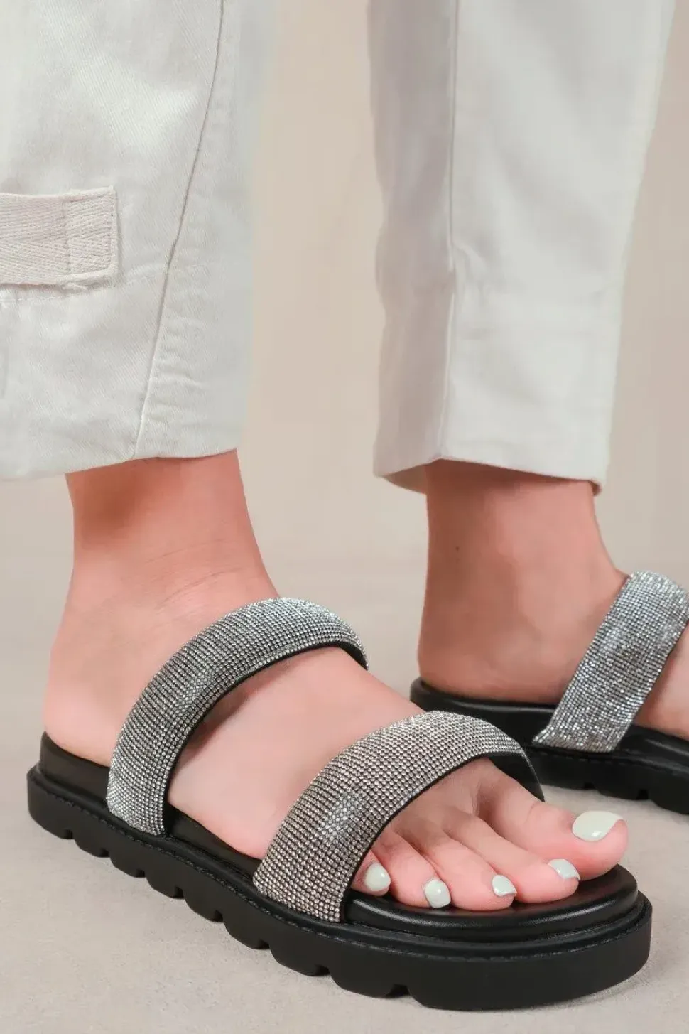 'Define' Flat Sandal With Clear Diamond Strap