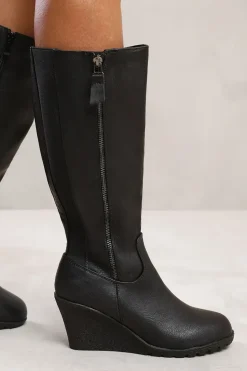 'Effie' Wedge Heel Mid Calf High Boots With Side Zip