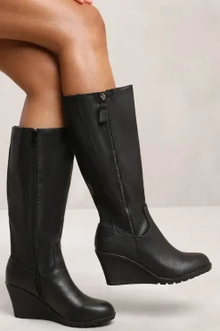 'Effie' Wedge Heel Mid Calf High Boots With Side Zip