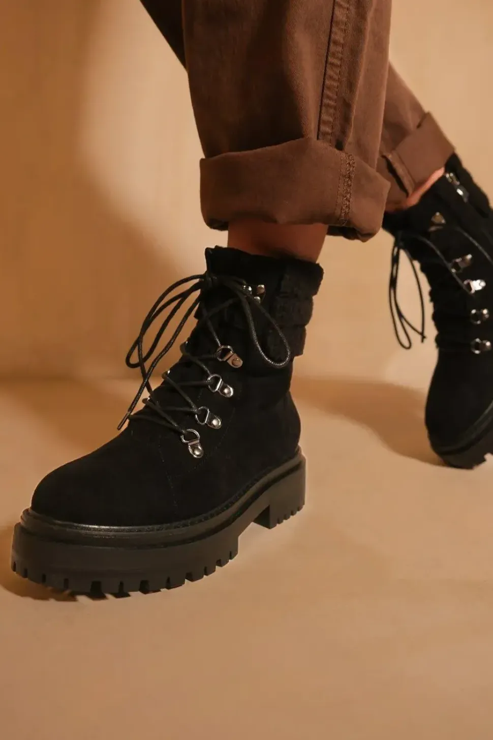 'Heidi' Platform Lace Up Boot With Side Zip And Faux Wool Detail Around The Ankle
