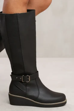 'Jacinta' Wedge Heel Knee High Boots With Elastic Panel