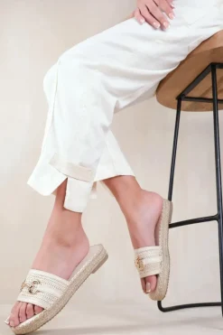 'Jupiter' Single Strap Flat Sandals With Thread Design And Golden Detailing