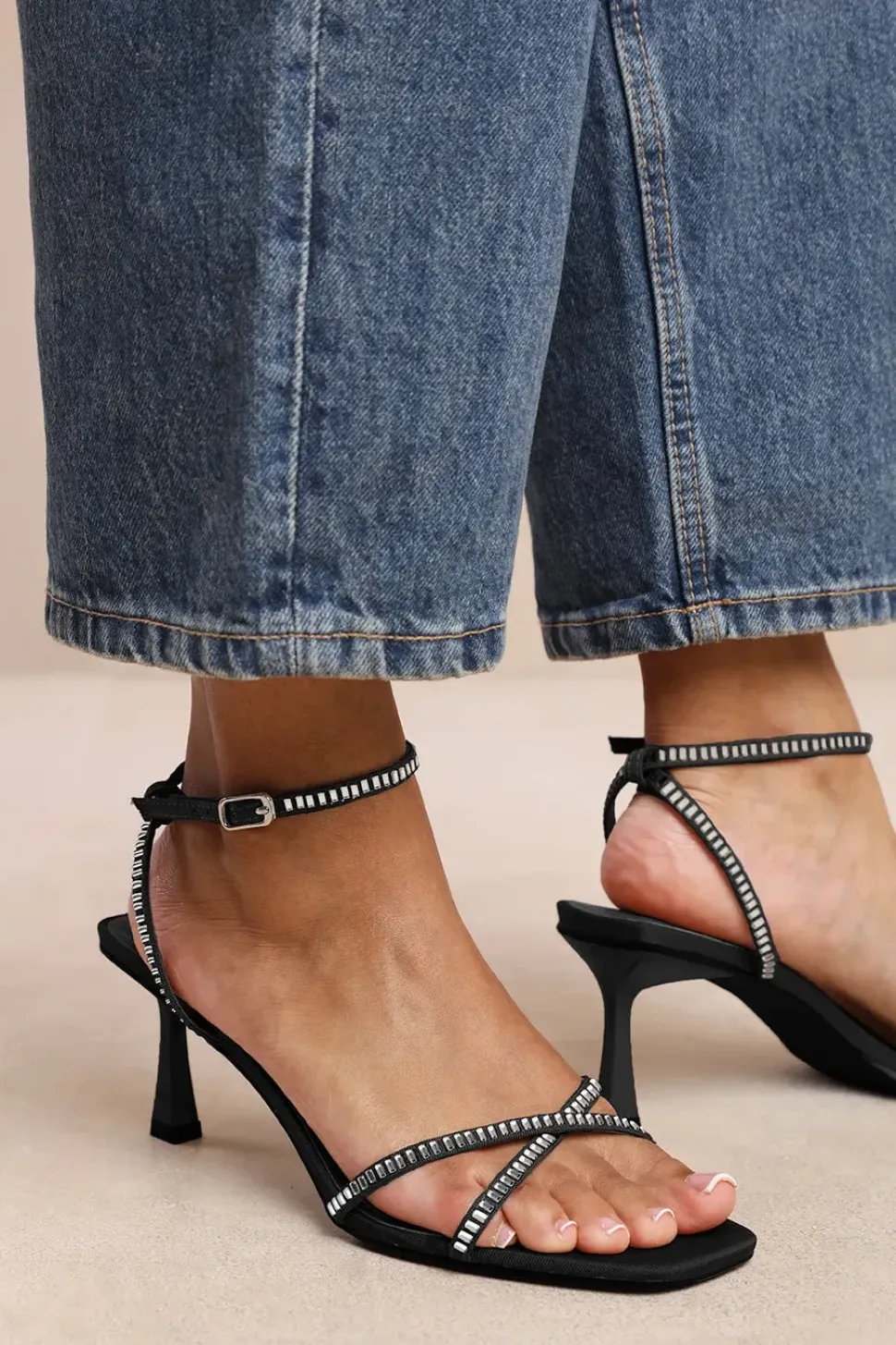 'Kenia' Square Toe Low Block Heel With Diamante Cross Over Strap Detail
