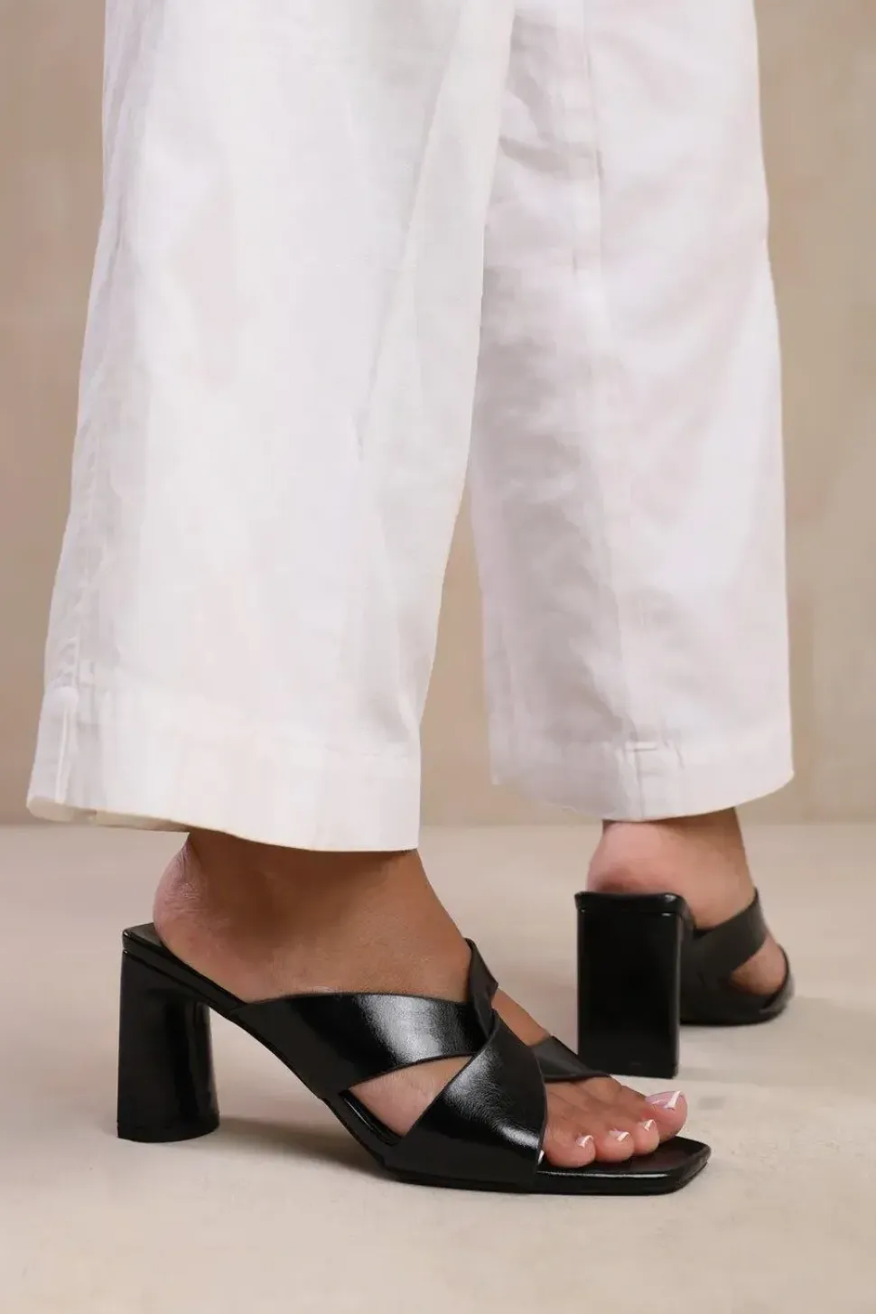 'Kenya' Twist Over Strap Block Heel Mules
