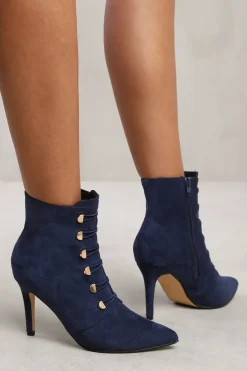 'Leane' Pointed Toe Mid Heel Ankle Boots With Gold Buttons
