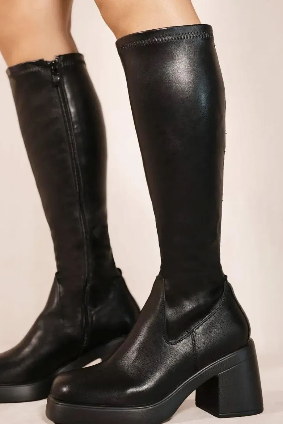 'Lilith' Mid High Block Heel Calf Boots With Side Zip