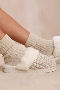 'Lounge' Slip On Knitted Slippers With Fur Trim