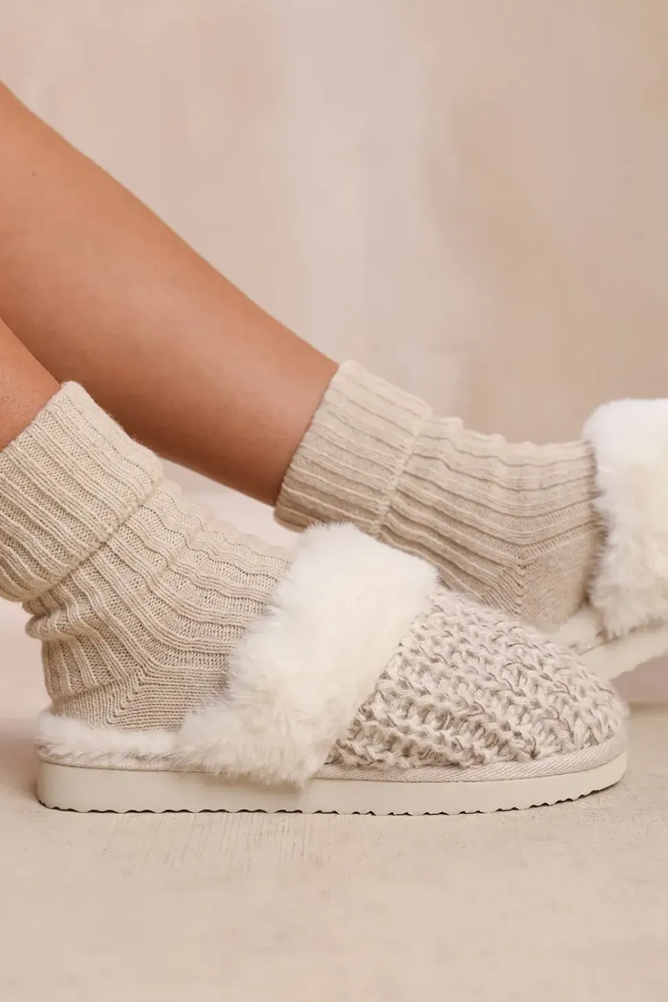 'Lounge' Slip On Knitted Slippers With Fur Trim