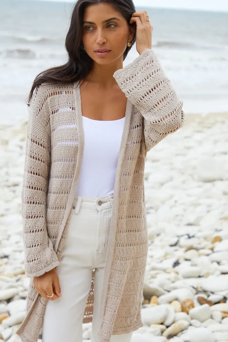 'Luella' Longline Crochet Knit Cardigan