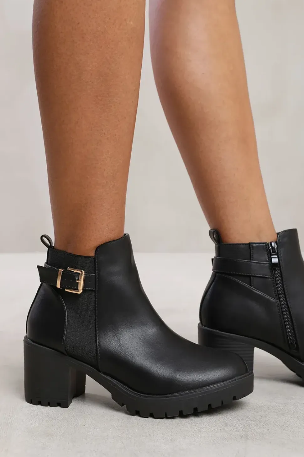 'Maylah' Mid Block Heel With Buckle Detail Stretch Ankle Boots