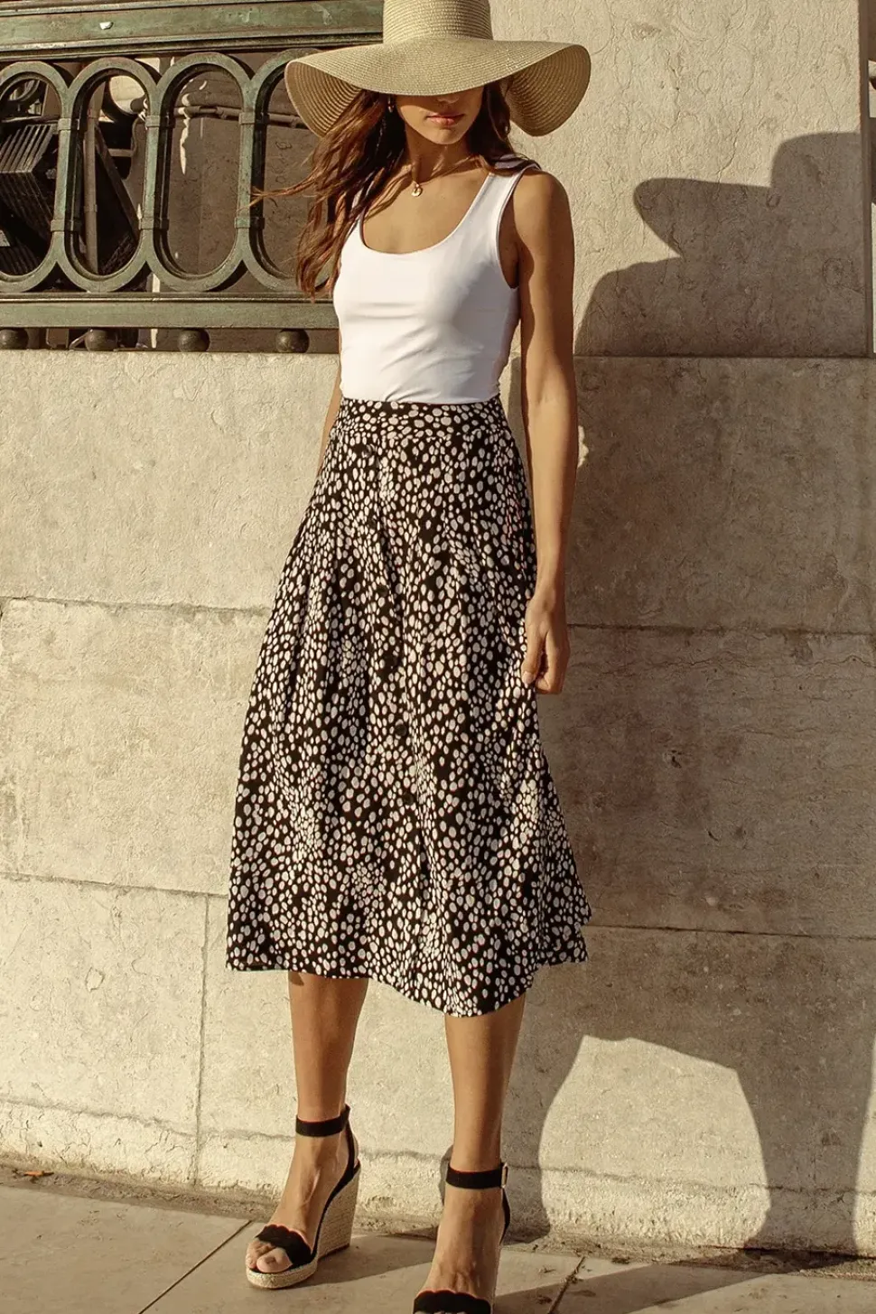 'Melly' Button Down Detail A-Line Midi Skirt