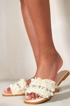 'Milani' Pearl And Diamante Flat Slider Sandals