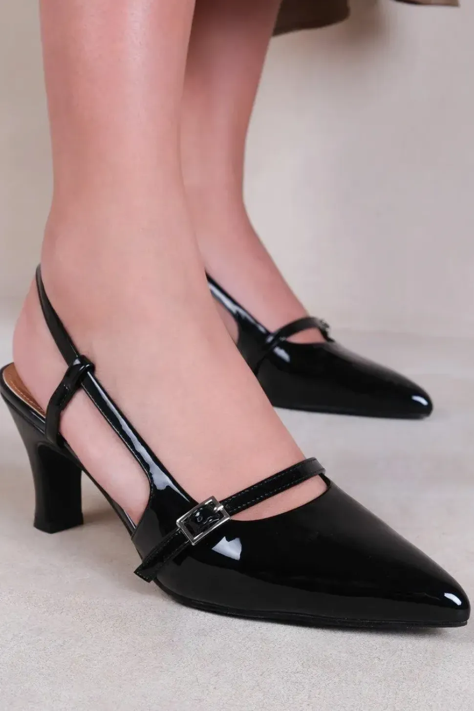 'On Point' Mid Heel Slingback Sandals With Strap And Buckle Detail