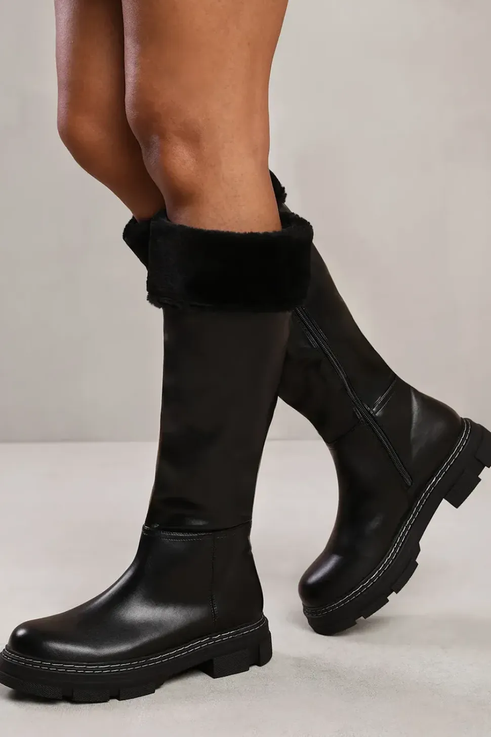 'Peyton' Below Knee Boot With Chunky Sole And Fur Trim