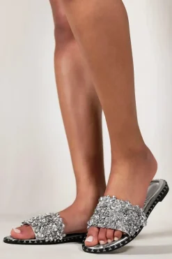 'Poppy' Wide Fit Diamante Sparkly Flat Sliders