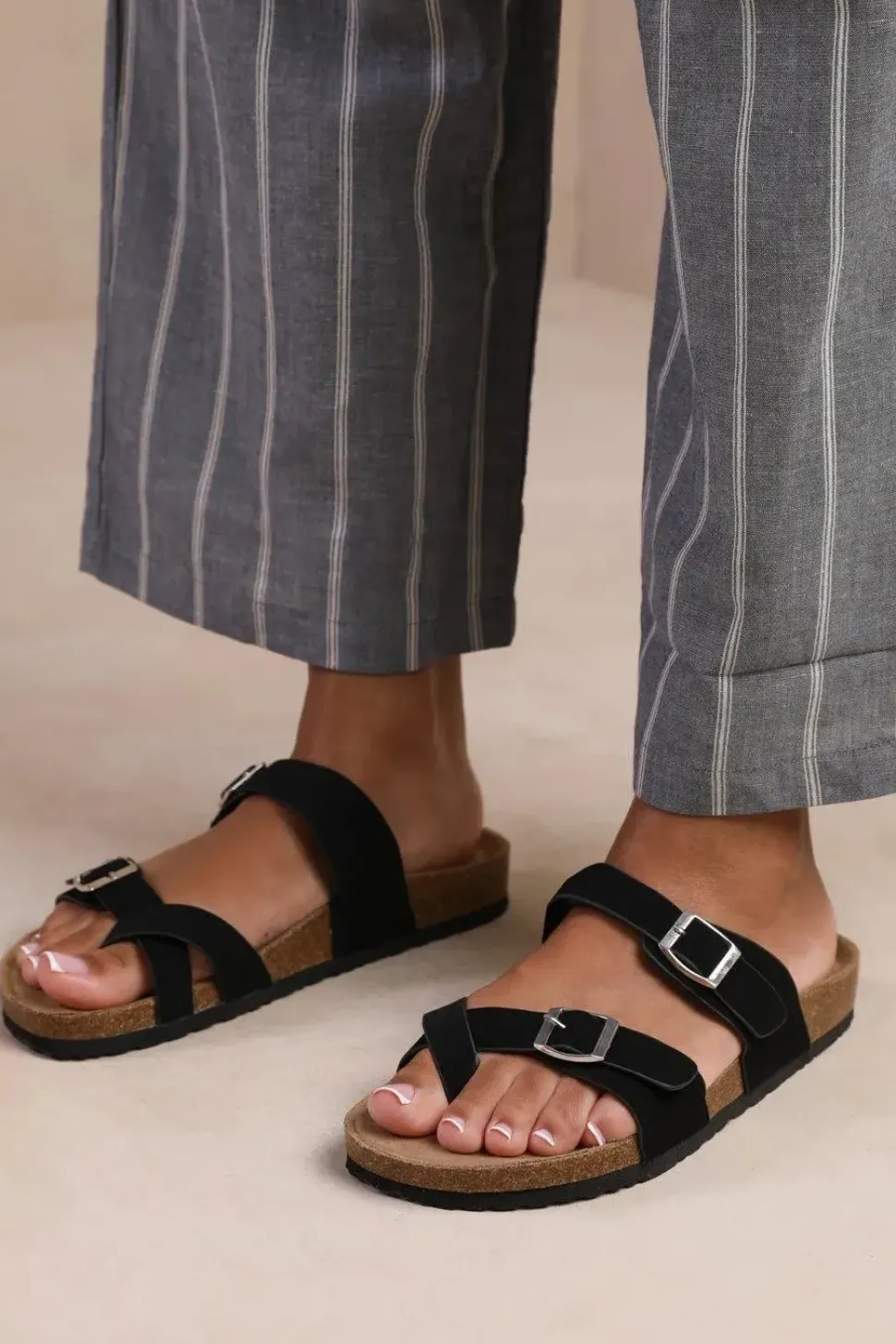 'Rio' Two Strap Flat Sandals With Toe Loop And Buckle Detail