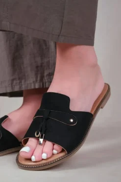 'Sandra' Fringe Trim Flat Slider Sandals
