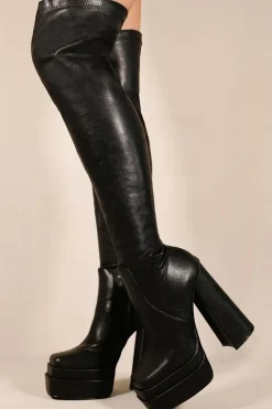'Shiloh' Block Heel Knee High Stretch Boots With Square Toe