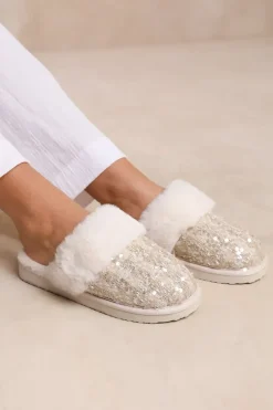 'Snuggle' Slip On Sequin Slippers With Fur Trim