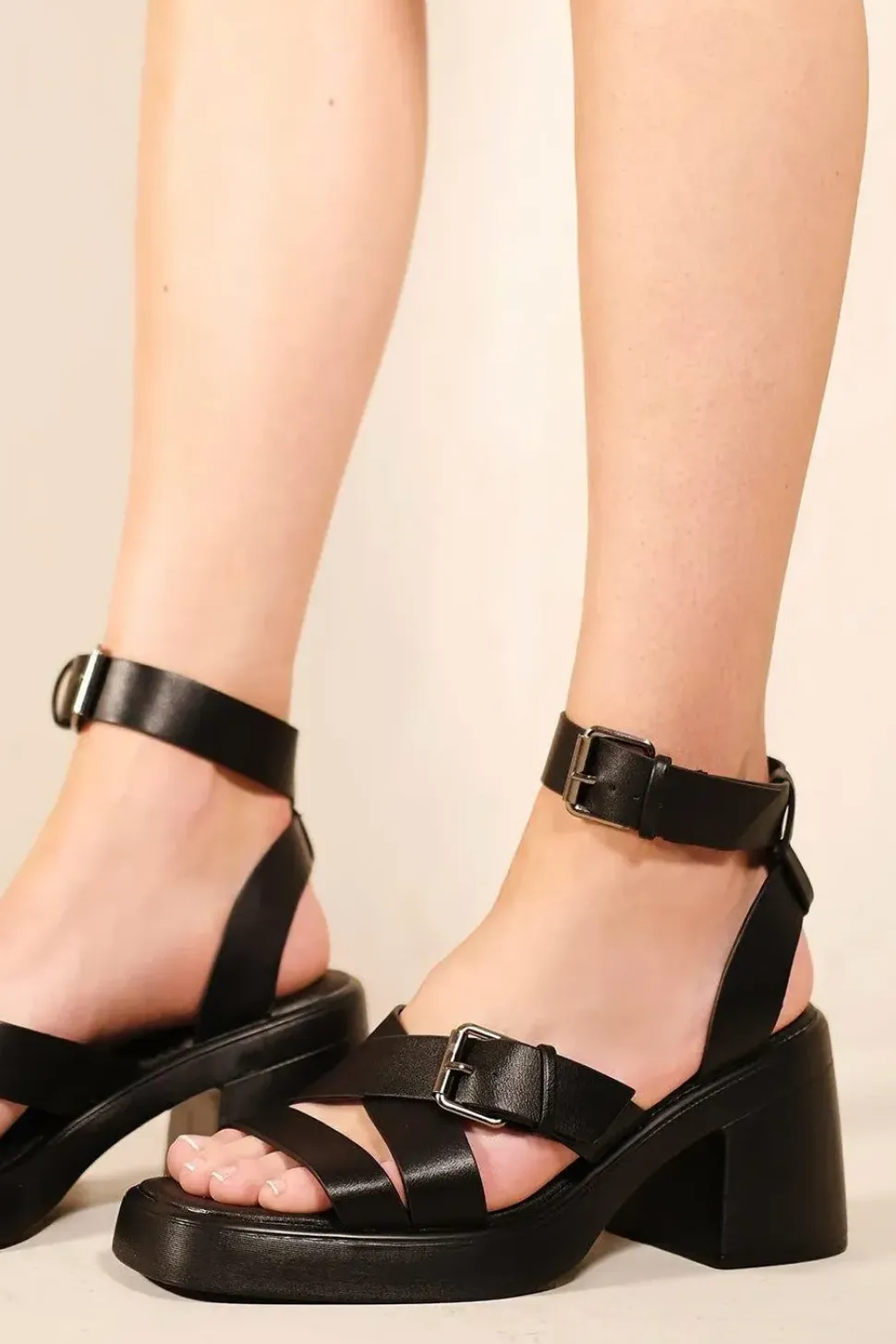 'Tereza' Mid High Block Heel Sandals With Buckle Detail