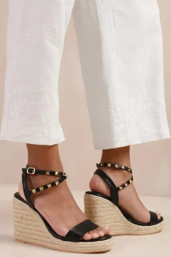 'Texas' Cross Over Ankle Strap With Studd Detail Espadrille Wedges