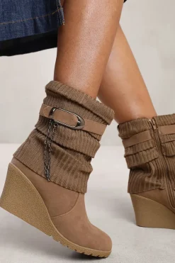 'Tilda' Wedge Heel Slouchy Ankle Boots With Knitted Collar