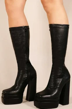 'Waverly' Block Heel Calf High Stretch Boots With Square Toe