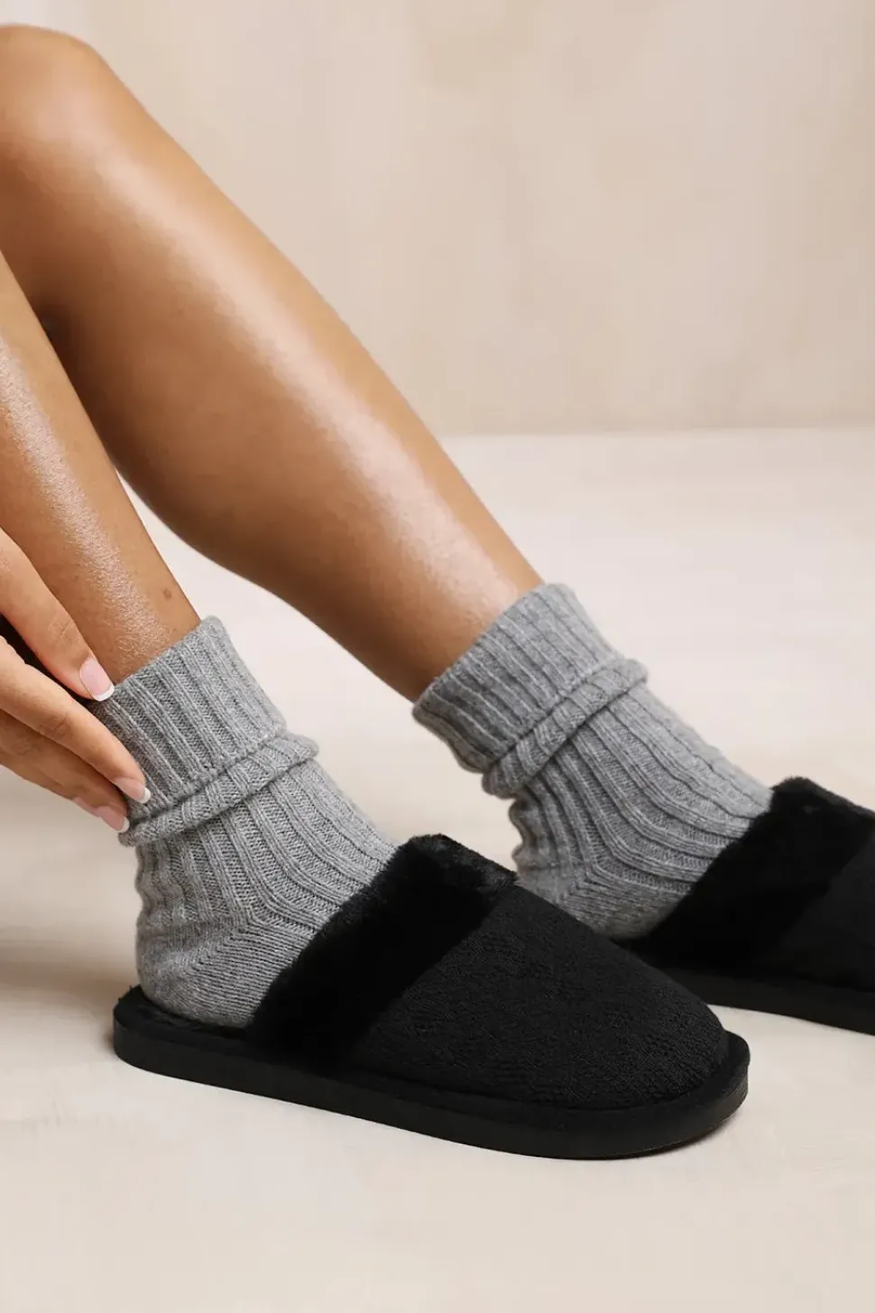 'Weekend' Knitted Fur Trim Slippers