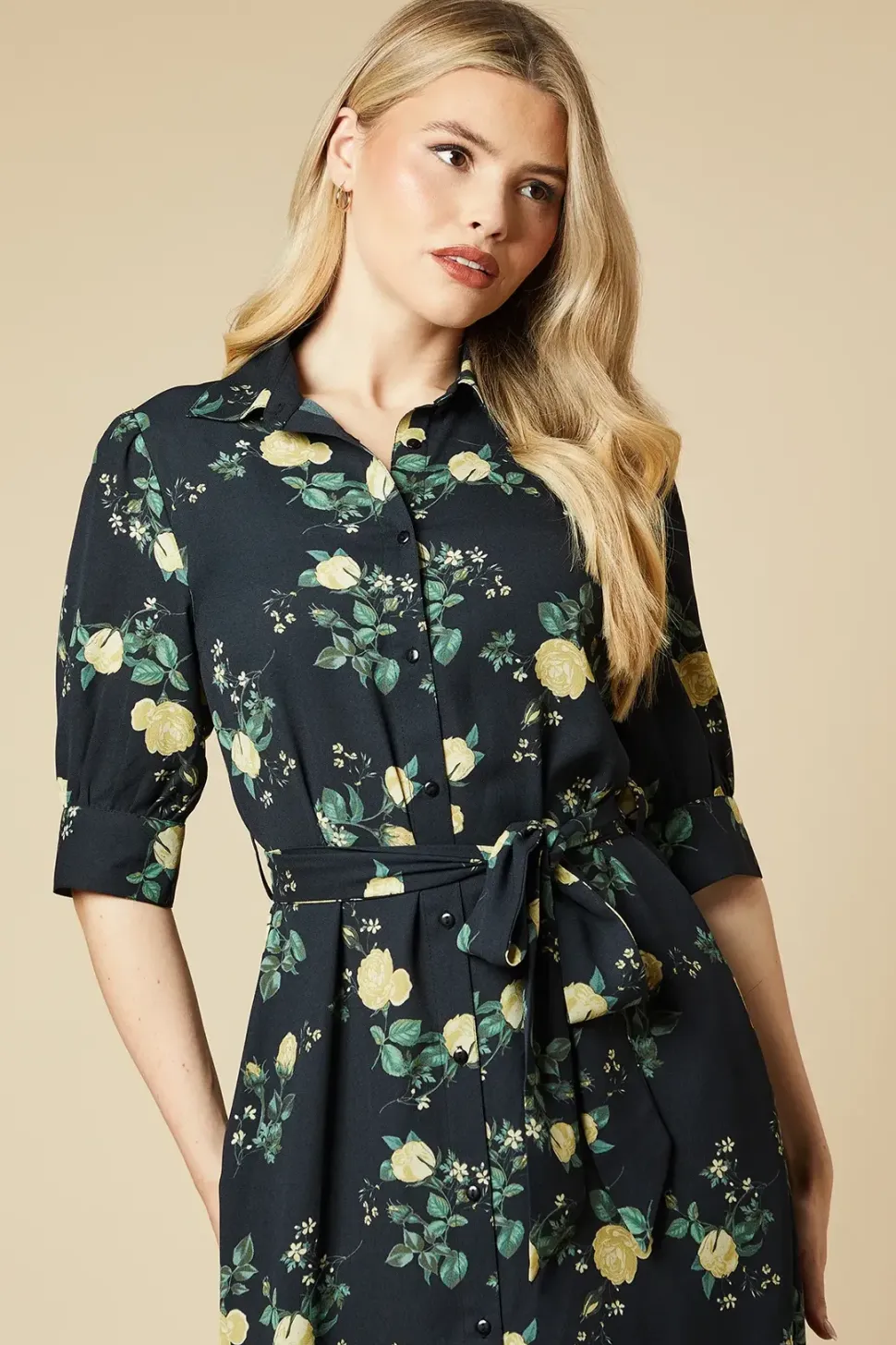 Yellow Floral Half Sleeve Shirt Dress