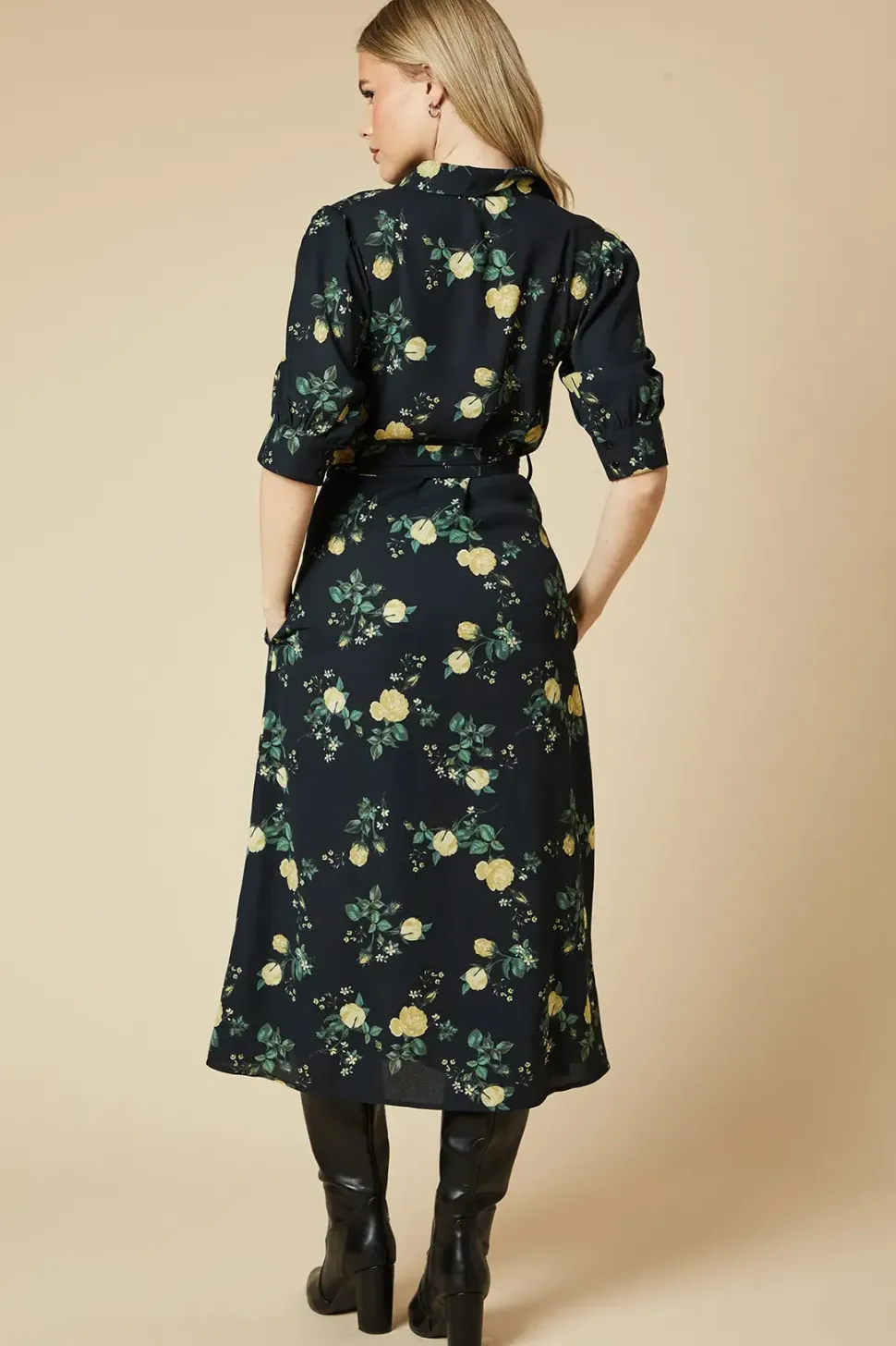 Yellow Floral Half Sleeve Shirt Dress
