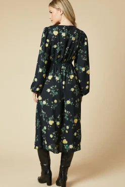 Yellow Floral Shirred Waist Long Sleeve Midi Dress