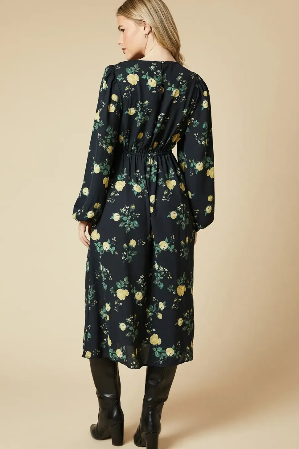Yellow Floral Shirred Waist Long Sleeve Midi Dress