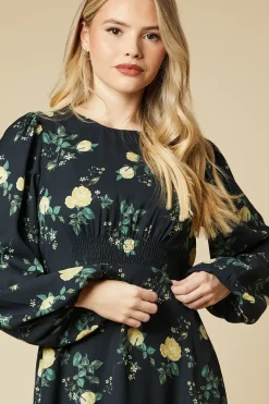 Yellow Floral Shirred Waist Long Sleeve Midi Dress