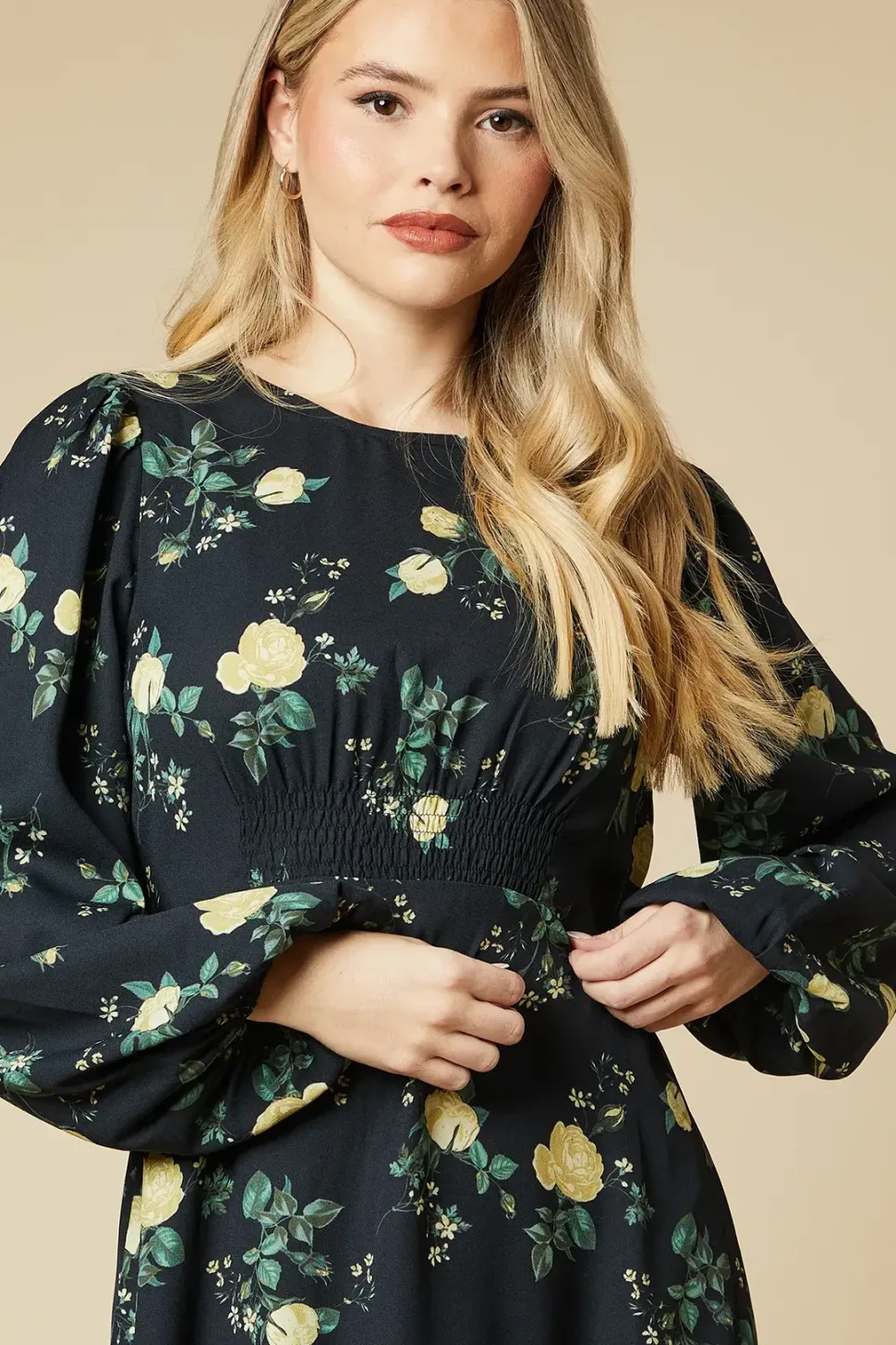 Yellow Floral Shirred Waist Long Sleeve Midi Dress