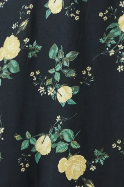 Yellow Floral Shirred Waist Long Sleeve Midi Dress