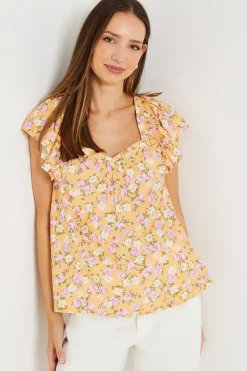 Yellow Floral V Neck Frill Sleeve Blouse