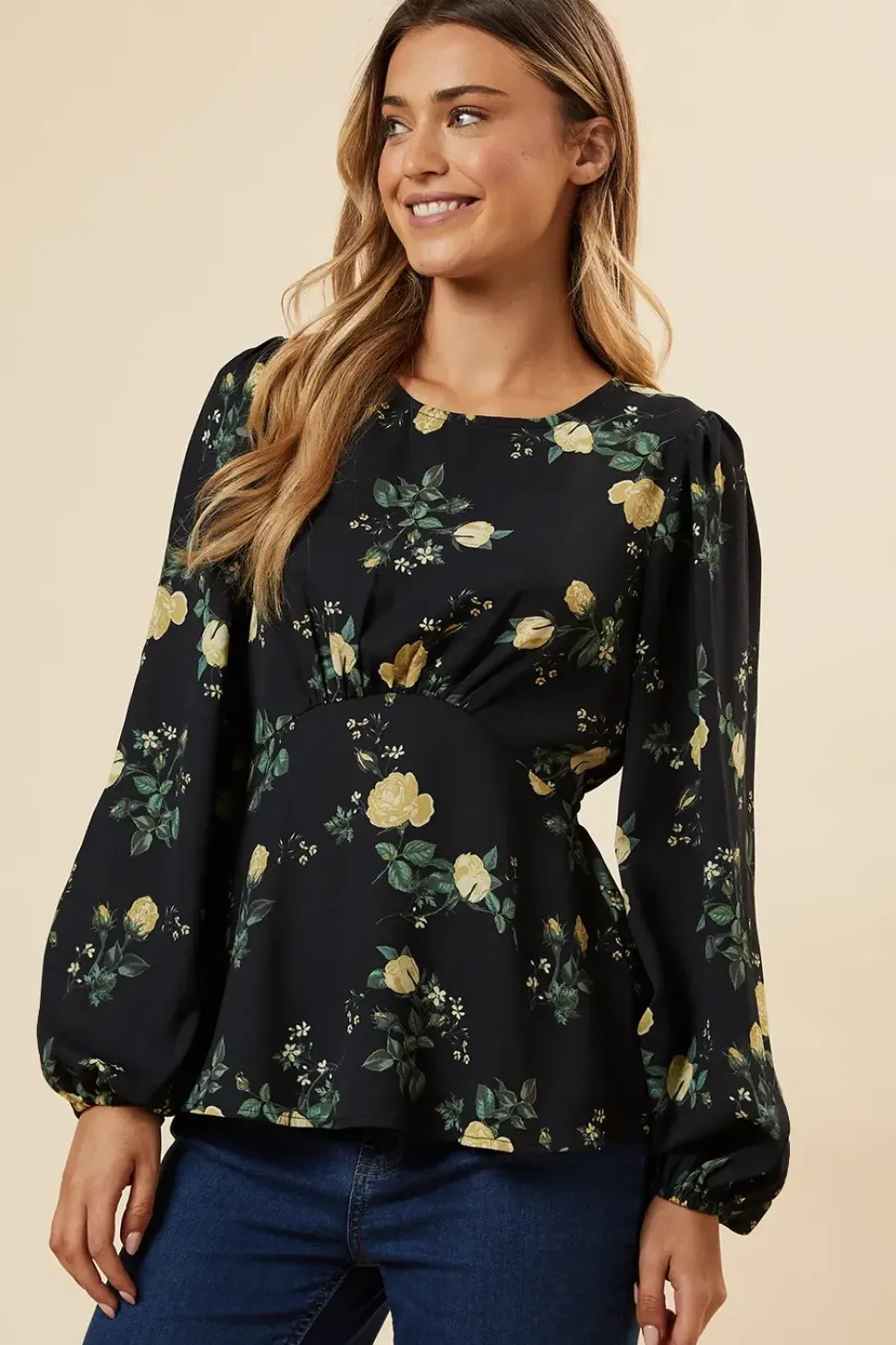 Yellow Floral V Neck Tea Blouse