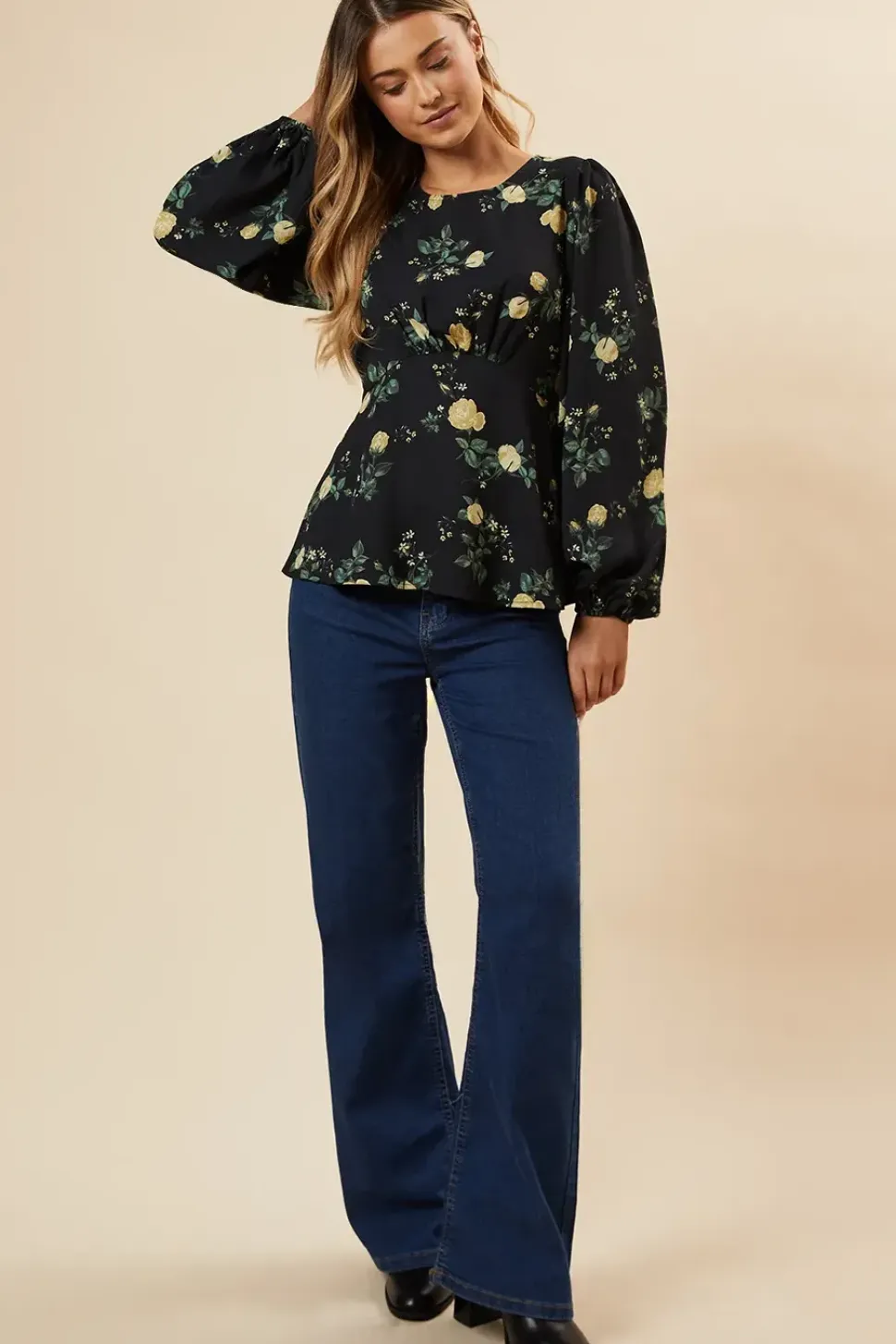 Yellow Floral V Neck Tea Blouse
