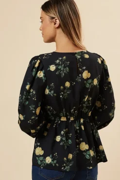 Yellow Floral V Neck Tea Blouse