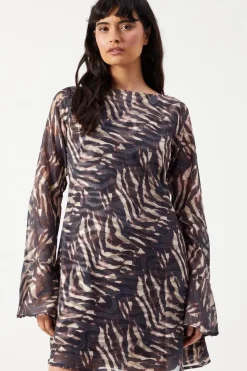 Zebra Burnout Chiffon Bias Tie Back Mini Dress